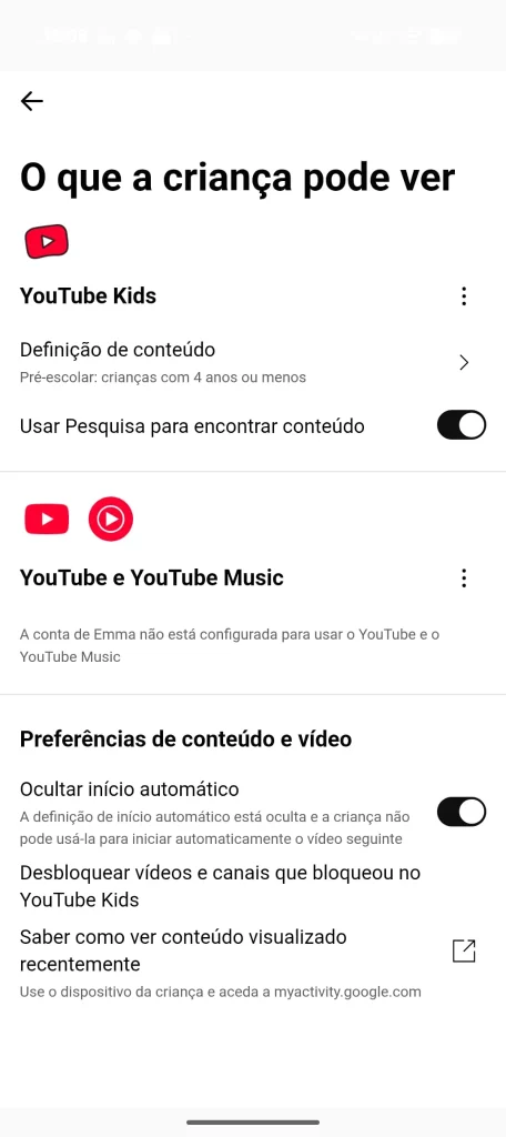 Ecrã de definições de controlo parental do YouTube em português.