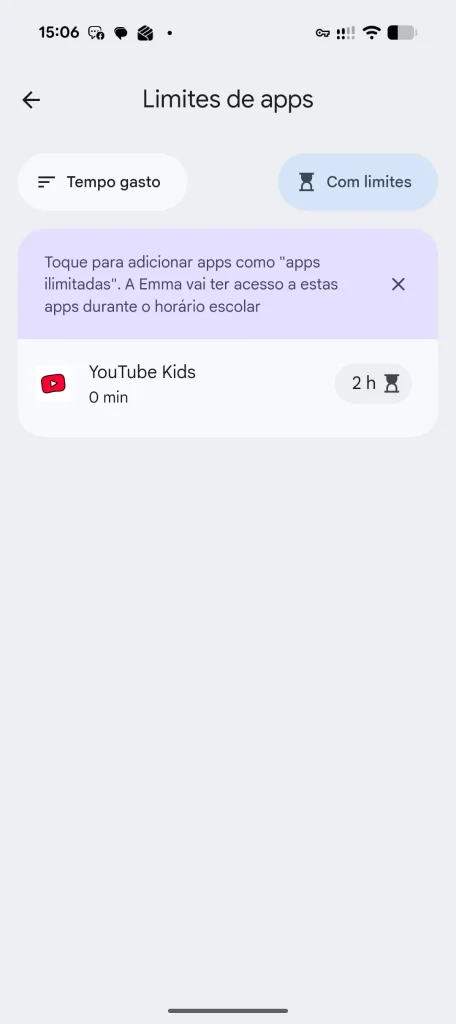 Ecrã de telemóvel exibindo definições de limites de aplicações.