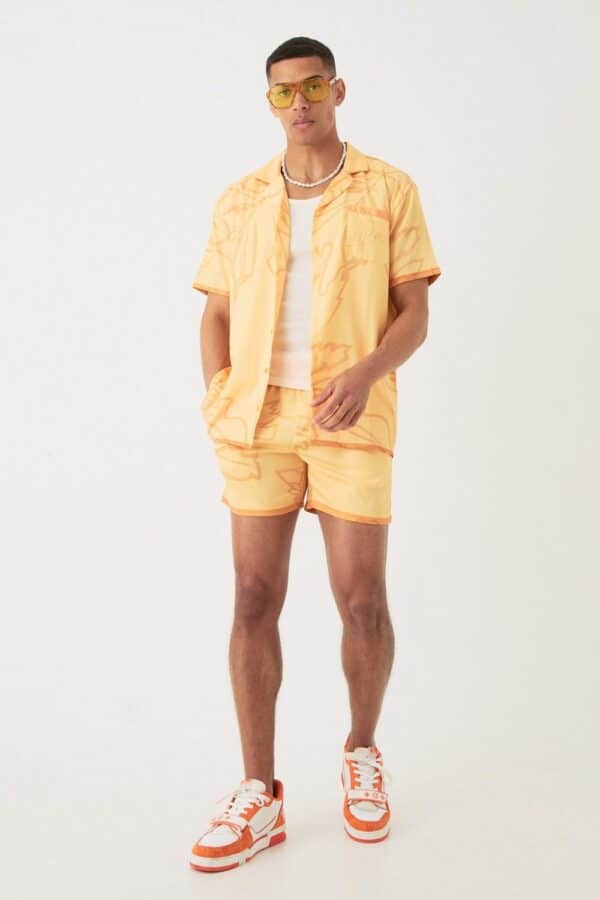 Short Sleeve Oversized Satin Tonal Palm Shirt & Short